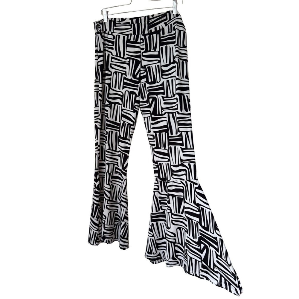 VAMP Y2K Black & White Geometric Flared Pants Festival Rave Retro Hippie Lg